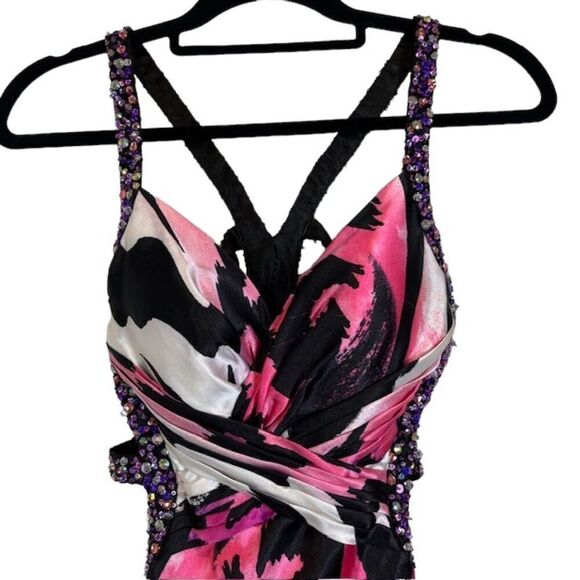La Femme Formal Gown Sequin Strappy Animal Print Sexy Black White Pink Size 00 - Picture 5 of 16